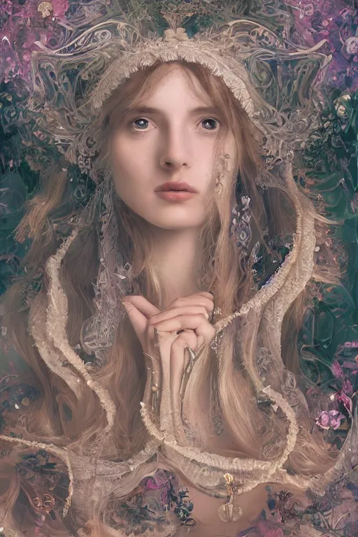 Image similar to An extremely beautiful pre-raphaelite ornate portrait of a very beautiful witch, ultradetailed, intricate, elegant, digital art painting, smooth, sharp focus, magazine art cover illustration, regal, award winning picture, extremely detailed masterpiece, sense of awe, featured on Artstation, Artgerm, ethereal bubbles, Aetherpunk, atmospheric lightning, Exquisite floral details, 8K detail post-processing