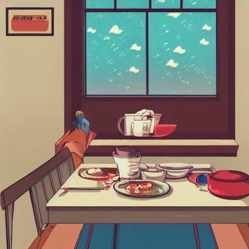 Image similar to breakfast, rainy day, anime, ghibli, 9 0 s, retro style, aesthetic, chill, room