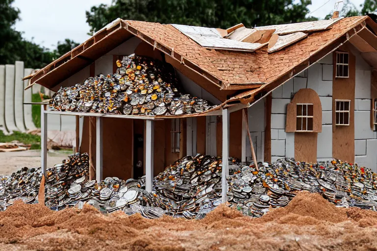 Image similar to a house, under construction, made of money, with piles of coins around it