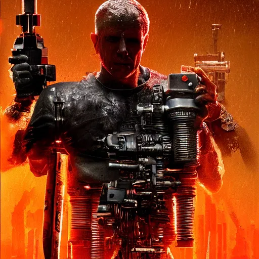 Image similar to weapon made from old egg beater, balding older cyborg repairing, red hot soldering iron, dark messy smoke - filled cluttered workshop, dark, dramatic lighting, orange tint, cinematic, highly detailed, sci - fi, futuristic, movie still from blade runner