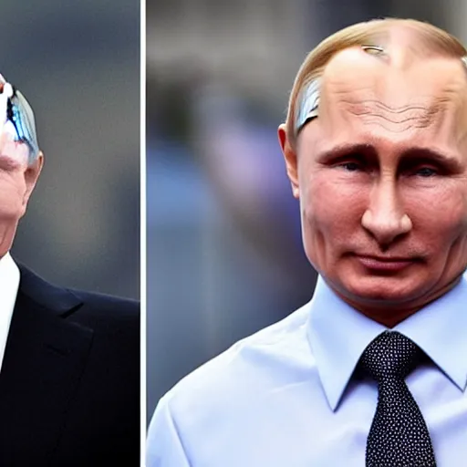 Image similar to putin teams up with a teenage putin, perfect faces