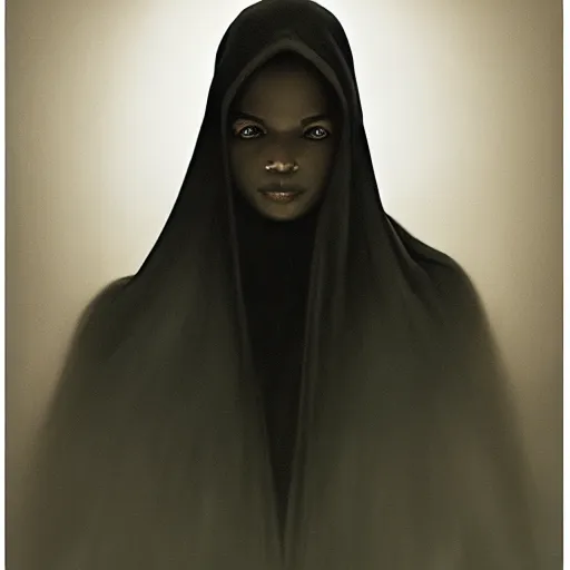 Image similar to a portrait of a young black woman wearing a long dark cloak, hood and shadows covering face, anatomically correct, beautiful perfect face, enigmatic, oil painting, matte painting, black background, Volumetric dynamic lighting, Highly Detailed, Cinematic Lighting, Unreal Engine, 8k, HD, by Beksinski