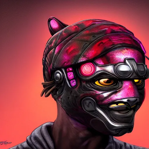 Prompt: profile portrait, helmet tiger cyberpunk made of pink lava and fire design by mark brooks and brad kunkle detailed, aurora digital package, character design sketch, high detail, sharp focus