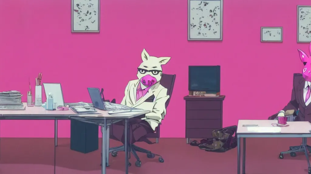 Image similar to a man wearing a pink suit and a pink pig mask sitting in an office, anime film still from the an anime directed by Katsuhiro Otomo with art direction by Salvador Dalí, wide lens