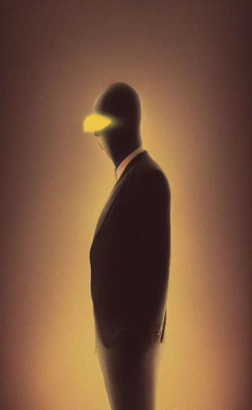 Image similar to an aesthetic masterpiece portrait of an elegant man with no face, nothingness and void in his heart, perfect, deep rich colors, 4 k, award winning, blur, minimalistic, neon, surrealism, unreal engine 5, high detail, ryan jia, frank frazetta, john alvin, gatson bussiere, kutsuya terada,
