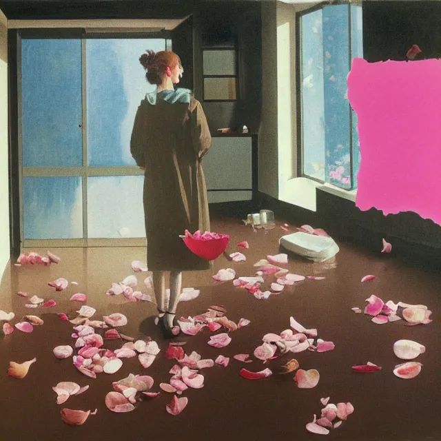 Prompt: pathology student in her apartment, a river flooding inside, medical supplies, pigs, pink flower petals, plants in glass vase, pork, water, river, rapids, canoe, pomegranate, berries dripping, waterfall, swans, acrylic on canvas, surrealist, by magritte and monet