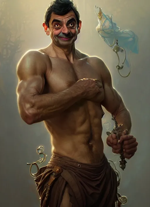 Image similar to portrait of mr bean, d & d, muscular! fantasy, intricate, elegant, highly detailed, digital painting, artstation, concept art, smooth, sharp focus, illustration, art by artgerm and greg rutkowski and alphonse mucha