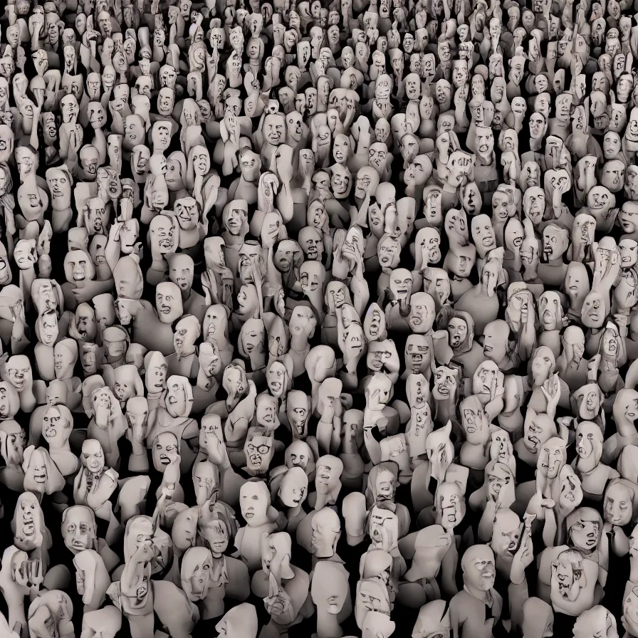 Image similar to Realistic illustration of a 3d render of Useless people, recognized activists making money, community, confused, question marks, depressive, crystal castles