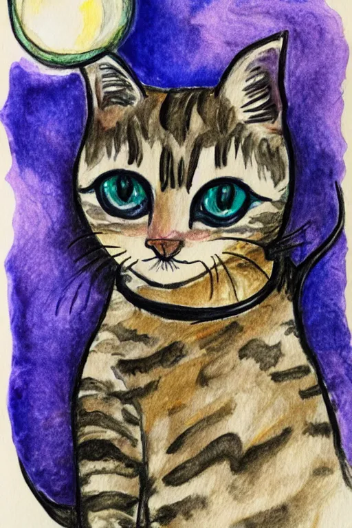 Image similar to drawing of a cat sitting on moon, witchy, mystical, watercolor