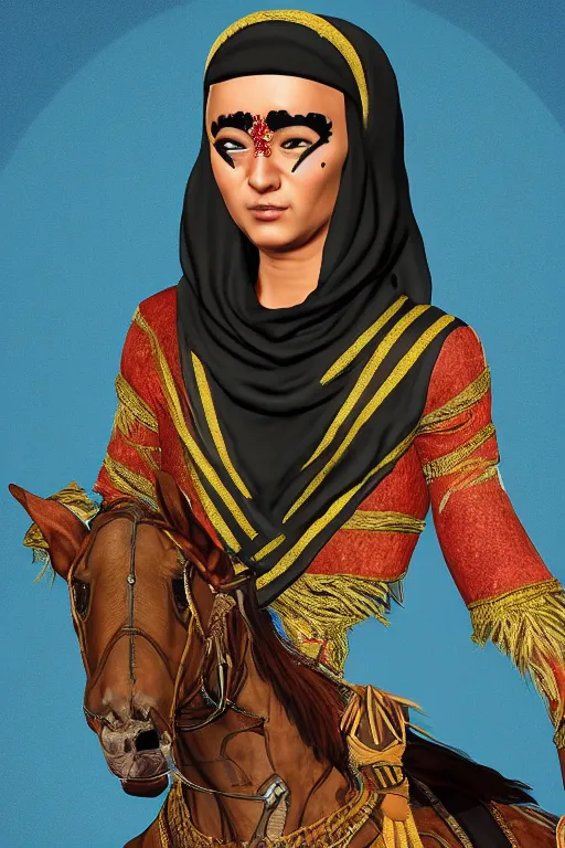 Prompt: hyperrealistic portrait from middle eastern mask woman riding horse, super highly detail, accurate, without duplication content, gta chinatown wars art style, white border frame median 5, medium close up shot, justify content center, symmetrical