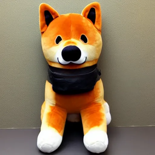 Image similar to a giant plushy shiba inu with a mustache, photo realistic, highly detailed,