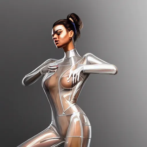 Image similar to full body portrait of a beautiful woman with a perfect face and body wearing a transparent plastic skin tight jumpsuit with circular cutouts, highly detailed, digital painting, artstation, cgscoiety, cinematic, intricate, smooth, sharp focus, illustration, Unreal Engine 5, concept art, 8K, art by Westworld and Esao Andrews.