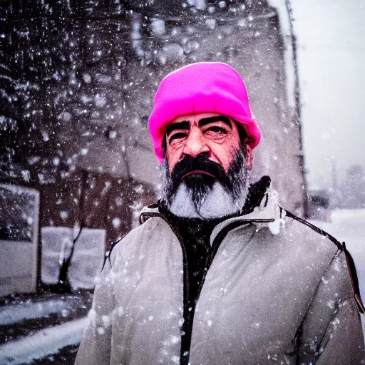 Prompt: Professional portrait of Saddam Hussein wearing a puffy pink jacket and a bucket hat in a snowy city street at night, 8k, dslr, cinematic,