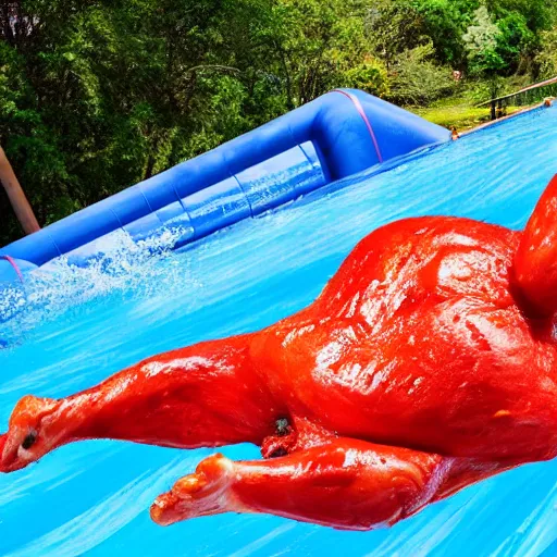 Image similar to photo of an enormous raw chicken emerging from the bottom of a waterslide at a water park on a sunny day in the style of a coca cola ad