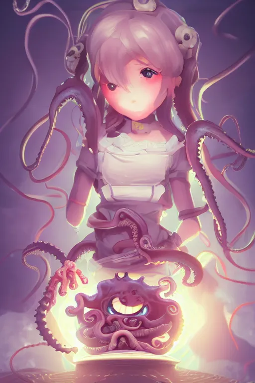 Image similar to a cute android maid girl cooking angry octopus, tentacles all over, character art portrait, anime key visual, official media, illustrated by wlop, extremely detailed, 8 k, trending on artstation, cinematic lighting, beautiful,