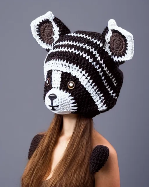 Image similar to a crocheted raccoon hat, very detailed, animal hat, cute details, product photo, promotional image, sharp focus, studio lighting. fzd school of design