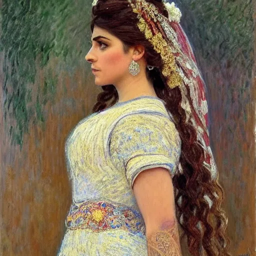 Prompt: full body portrait of a beautiful Kurdish bride wearing a beautiful wedding dress, very detailed eyes, hyperrealistic, beautiful and symmetrical face, very detailed painting by Claude Monet and Alphonse Mucha, trending on artstation, extremely high detail, incredibly intricate