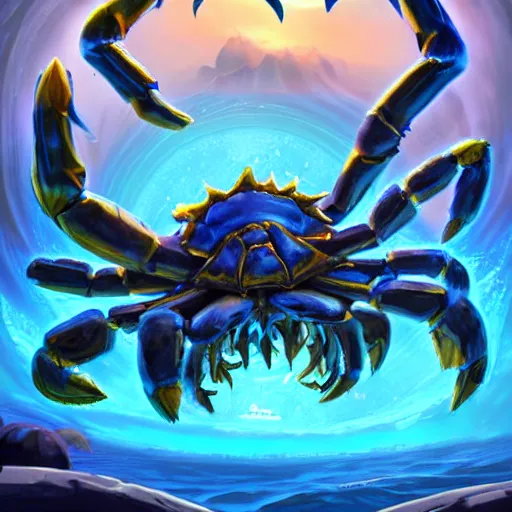 Image similar to blue giant (((((((crab monster)))))))) with giant crab claws, giant crab claws, giant crab claws, fantasy digital art, magical background in the style of hearthstone artwork