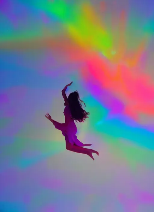 Prompt: female ascending into the sky, colorful aura, motion blur, out of focus, film grain, cinematic lighting, experimental film, shot on 1 6 mm, soft lighting