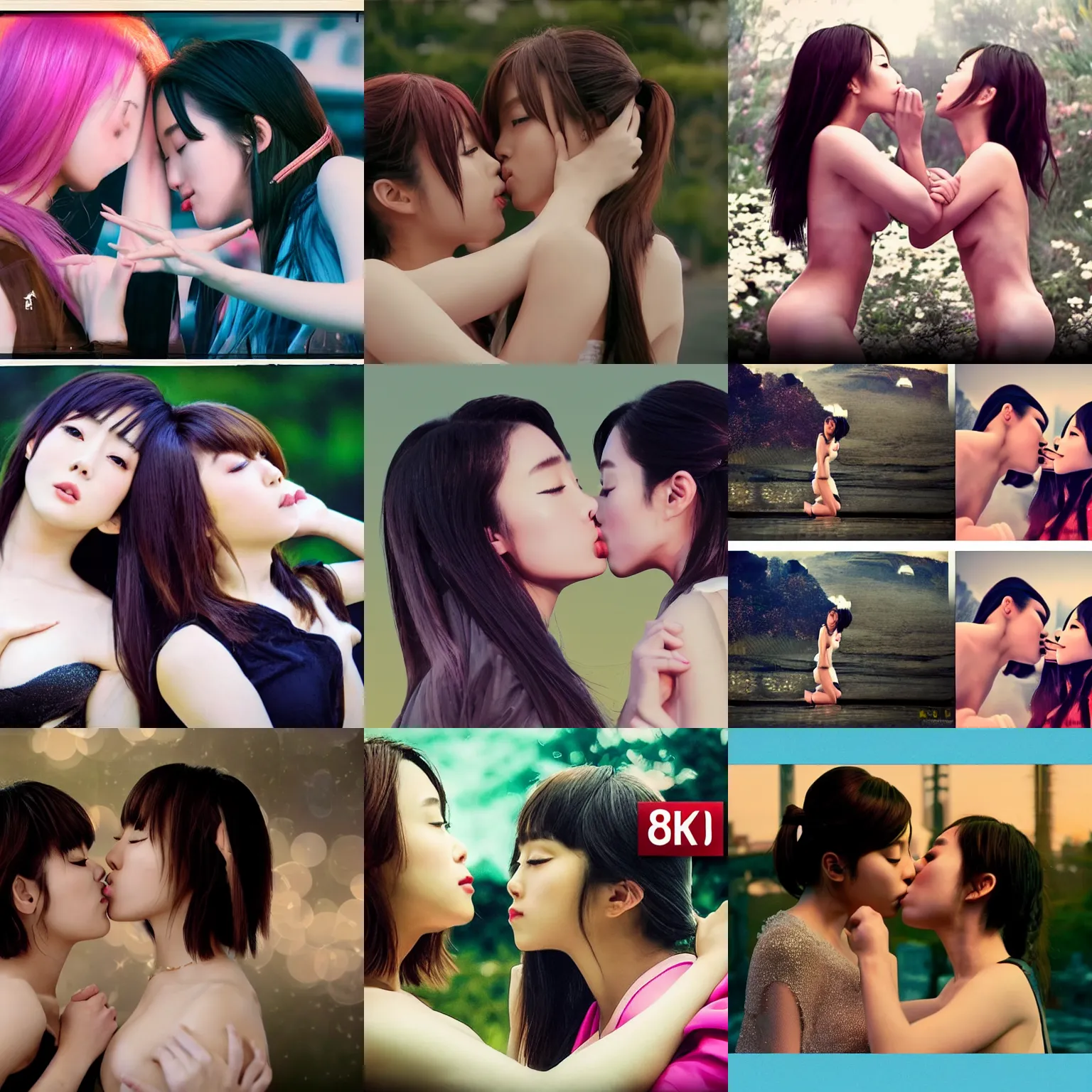 Prompt: unbelievably beautiful, perfect, dynamic, epic, cinematic 8 k hd movie shot, kiss of two japanese beautiful cute young j - pop av idols actresses girls, they kiss each other. motion, vfx, inspirational arthouse, high budget, hollywood style, at behance, at netflix, with instagram filters, photoshop, adobe lightroom, adobe after effects, taken with polaroid kodak portra