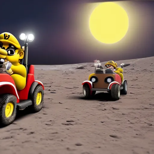 Image similar to wide angle photograph of wario driving a golf cart on the moon, realistic, 4 k, cinematic lighting,