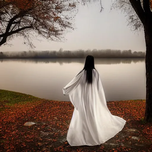 Image similar to a ghostly woman in a white dress rising soaking wet from a misty lake with outstretched arms, high resolution photograph, late autumn, sunset, eerie light
