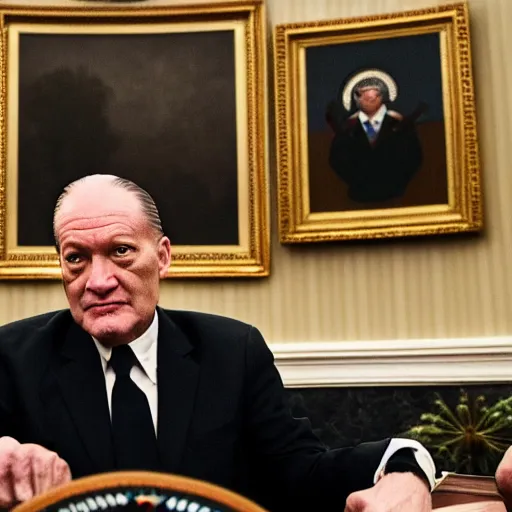 Prompt: president evil BOB from twin peaks in the oval office bright lighting high resolution, menacing atmosphere