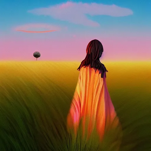 Image similar to closeup giant dahlia flower under head, a girl walking between dunes, surreal photography, sunrise, blue sky, dramatic light, impressionist painting, digital painting, artstation, simon stalenhag