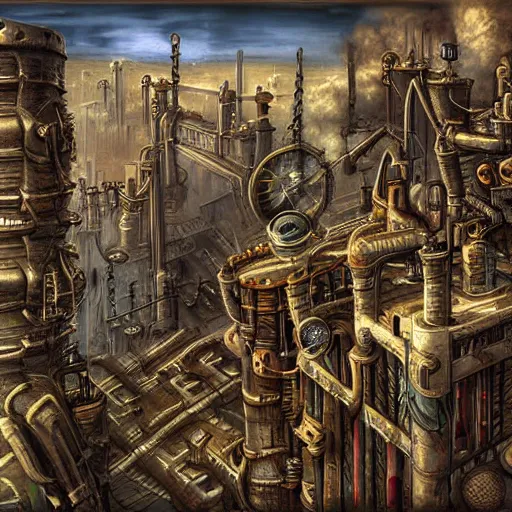 Prompt: steampunk fantasy city built into the side of a mountain, in three levels. the ground level is an industrial area with smokestacks and factories. the upper levels are residential. digital painting