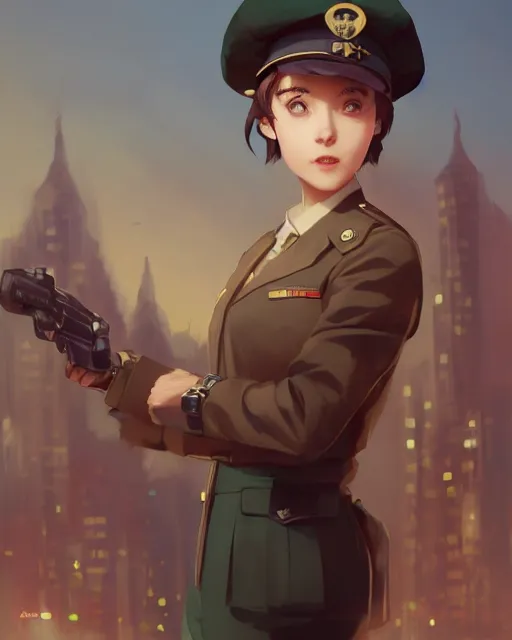 Image similar to young woman with shoulder length light brown hair and hazel eyes dressed in a sharp dark teal military uniform and beret, smiling, blurred city background in twilight lighting, anime, ilya kuvshinov, greg rutkowski, guweiz, ross tran, loish, svetlana tigai, artgerm, artstation trending, concept art, digital painting