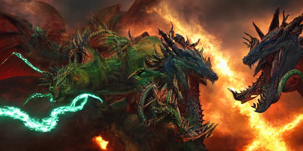 Prompt: photorealistic art of Megazord fighting Tiamat the 5 headed dragon, cinematic lighting, 8k, intricate detailing