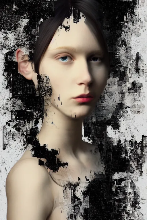 Image similar to glitch, picture portrait,(((((((((((((young woman's face))))))))))))), long black hair, glitch, pale skin, glitch, digital render, super-detailed ,glitch, by Millais