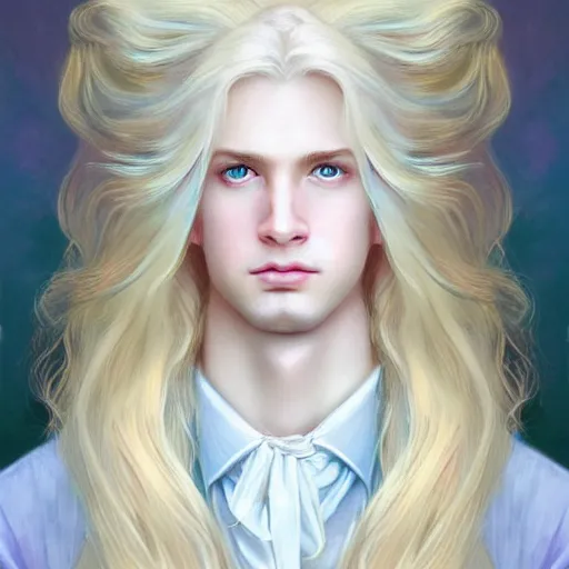 Image similar to Portrait of magical blond prince, very very very very pale white skin, long silky blond hair, dreamy and ethereal, pastel blue eyes, peaceful expression, ornate frilly regal shirt, fantasy, intricate, elegant, dynamic lighting, highly detailed, digital painting, artstation, concept art, smooth, sharp focus, illustration, art by artgerm and greg rutkowski and alphonse mucha