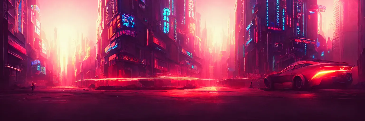 Image similar to cinematic photography of a cyberpunk desserted city during sunset, flare back lighting, cyber led neon, bokeh, rule of thirds, hyper photorealistic, crispy quality, digital photography, art by artgerm, art by greg rutkowski, art by pascal blanche,