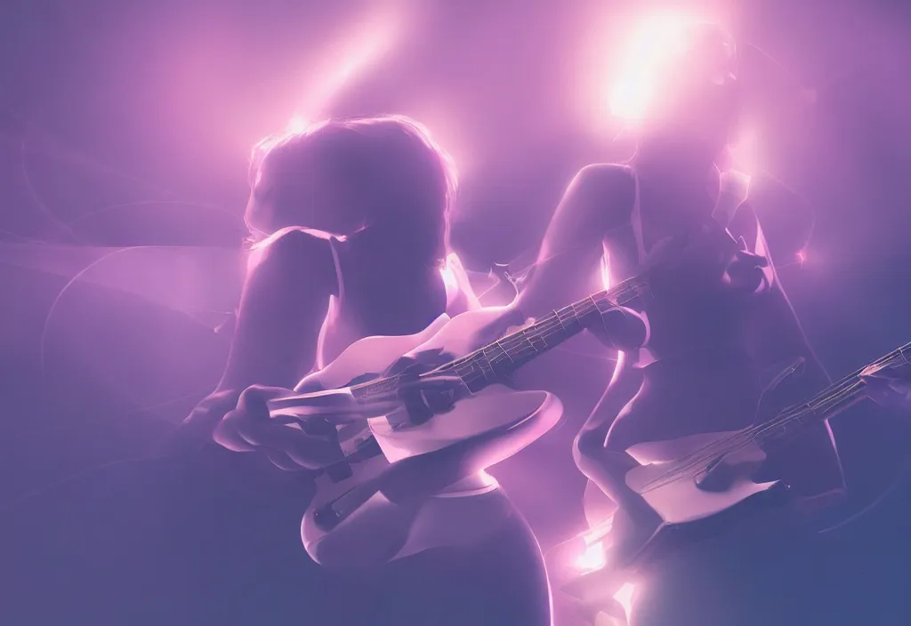 Image similar to women playing guitar, televisions, artstation, details, volumetric light, futuristic, pastel