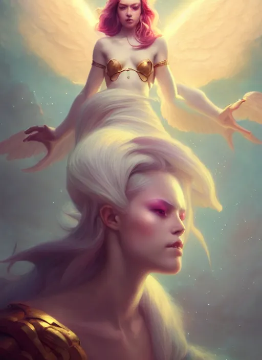 Image similar to portrait of beautiful angel girl with white wings in space, godlike, heavenly, 3 d render, hyper realistic detailed, scifi, fantasy, octane render, concept art, peter mohrbacher, artgerm, ruan jia, wlop, cyberpunk, dynamic lighting, detailed body, detailed face