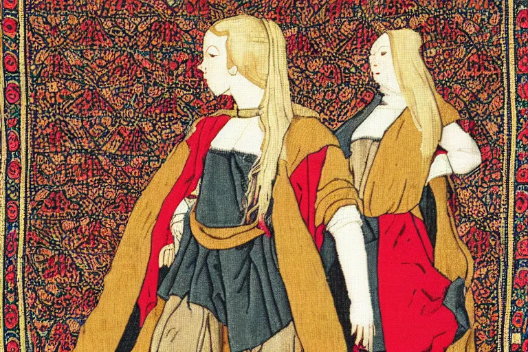 Image similar to a blonde woman wearing medieval tapestry as clothing