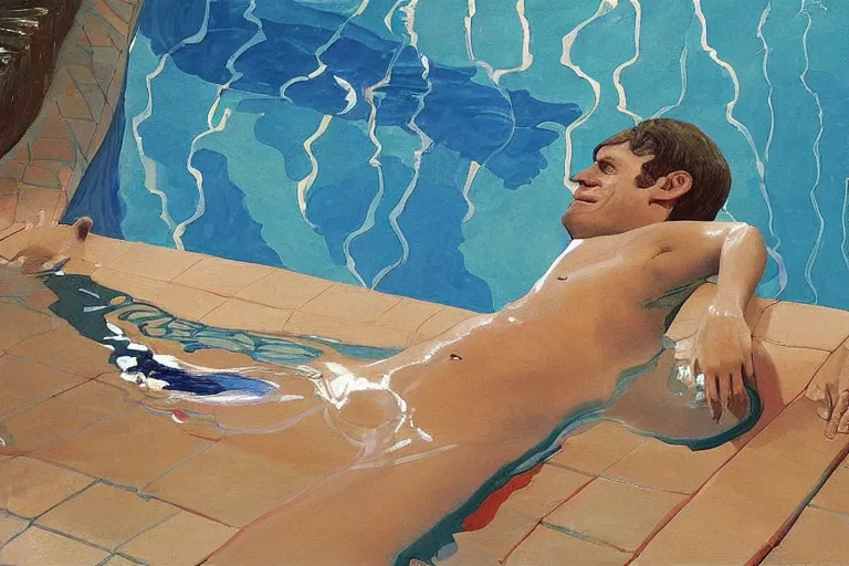 Image similar to emmanuel macron swimming in a pool in california house, by david hockney, peter doig, lucien freud, francis bacon, bouguereau,