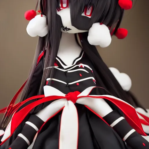 Prompt: cute fumo plush of a gothic maiden in a black and red gold lined uniform, laces and ribbons, soft shadow, anime girl, vray, symmetry, white frame