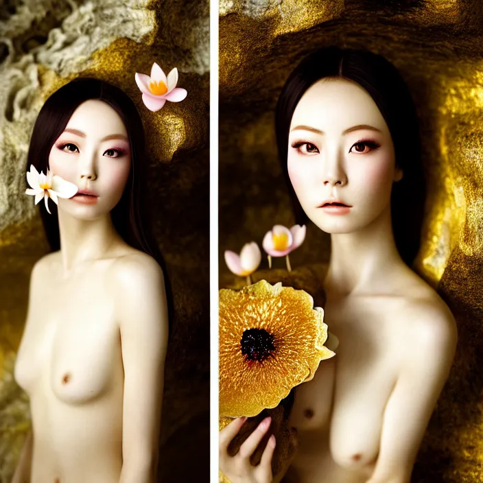 Prompt: Kodak Portra 400, 8K, soft light, volumetric lighting, highly detailed, Rena Nounen style 3/4 ,portrait photo of a Japanese ravishing Goddess by WLOP, the face emerges from a lava flowing gold travertine terraces with lotus flowers, inspired by Ophelia paint , a beautiful chic dress and hair are intricate with highly detailed realistic beautiful flowers , Realistic, Refined, Highly Detailed, ethereal lighting colors scheme, outdoor fine art photography, Hyper realistic, photo realistic, masterpiece