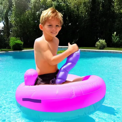 Image similar to success boy riding a unicorn pool float