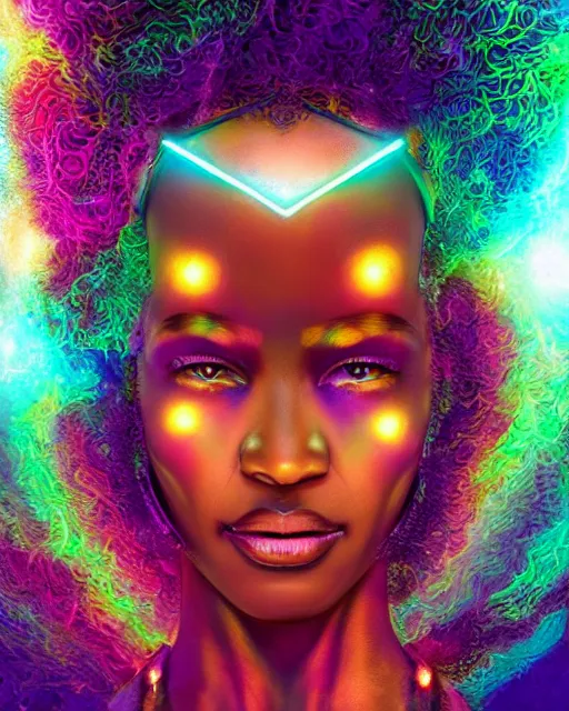 Image similar to a powerful energy psychedelic matrix afro american woman, by alexander fedosav, hyper detailed digital matte painting, concept art, hyperrealism, 1 6 k resolution, cinema 4 d, 8 k resolution, trending on artstation, behance hd, a masterpiece, by stephan martiniere, particles, cel - shaded, power bright neon energy, by david a. hardy