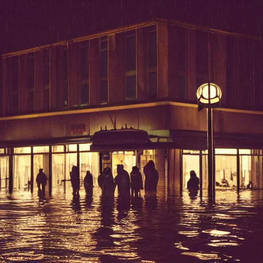 Prompt: a some people waiting in a lone bus stop in quiet dark city night at flooded world in Interstellar movie, high quality, high resolution,detailed