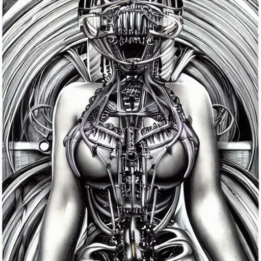 Image similar to britney spears encased in biomechanical machine, heavy conduits, complex scene, rich composition, heavy in detail, corruption, smooth, sharp focus, airbrush, illustration, symmetrical, art by h. r. giger