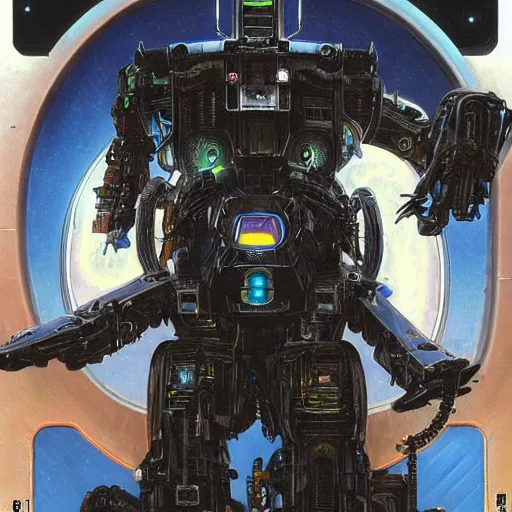 Prompt: indigo mech droid raven black bird. visor. science fiction, portrait by donato giancola and greg rutkowski and wayne barlow. 1 9 9 8 cover. top all time r / imaginarycyberpunk.