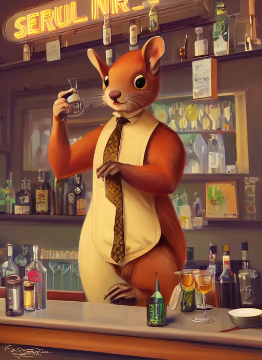 Image similar to squirrel anthro as a dapper bartender with a big, fluffy tail, retro futurism, art deco, detailed, painterly digital art by WLOP and Cory Loftis and Mark Arian, 🐿🍸🍋, furaffinity, trending on artstation