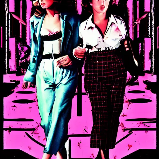 Prompt: vapor wave movie poster of two women on the run from the mob