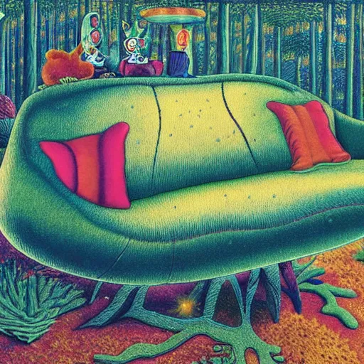 Image similar to psychedelic couch sofa in the pine forest, goose, milky way, designed by moebius, rob gonsalves, gustav dore, giuseppe arcimboldo and carl barks, louis wain, trending on artstation, canada, star, sharp focus, colorful refracted sparkles and lines, soft light, 8 k 4 k