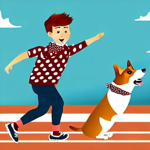 Image similar to illustration of french boy in paris playing football against a corgi, the corgi is wearing a polka dot scarf