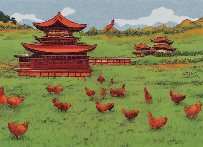 Image similar to big red and brown japanese fort in a meadow with chickens by studio ghibli painting